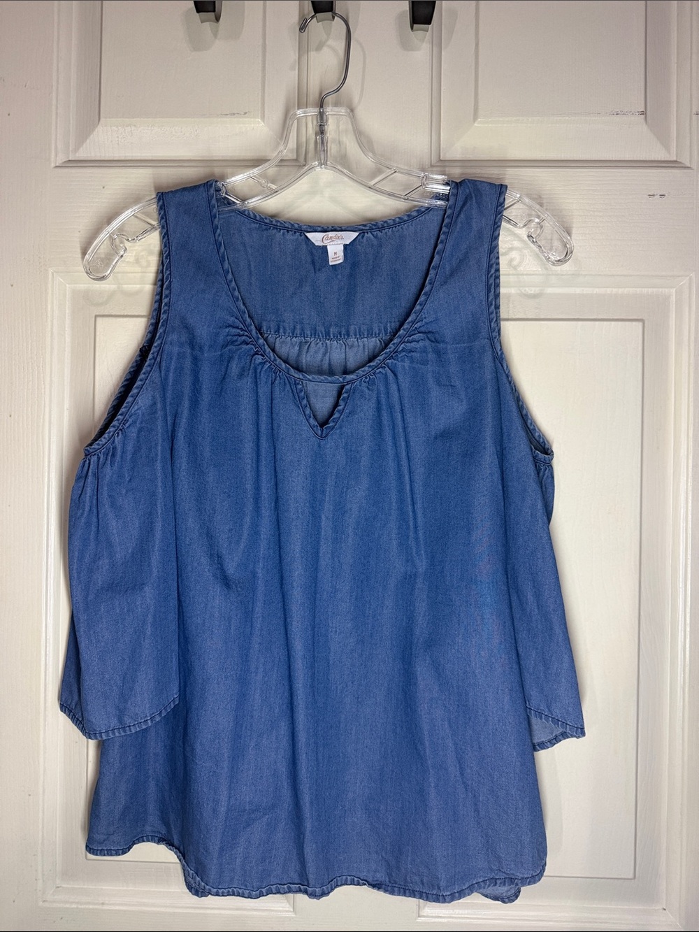 Candie's Blue Denim Notch-Neck Cold-Shoulder Tank